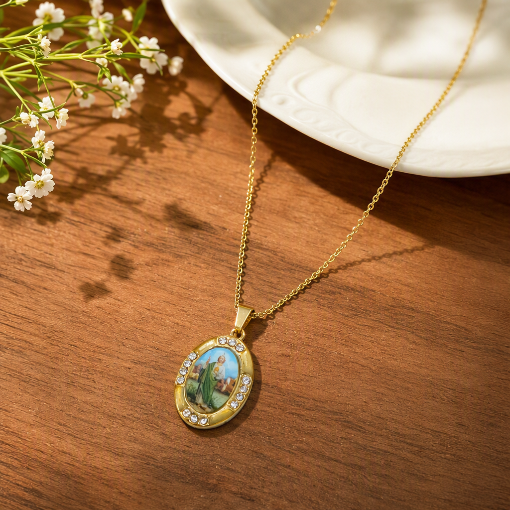 Oro acero inoxidable oval borde perforado retrato de santo collar colgante moda cien partes de juego accesorios details Picture
