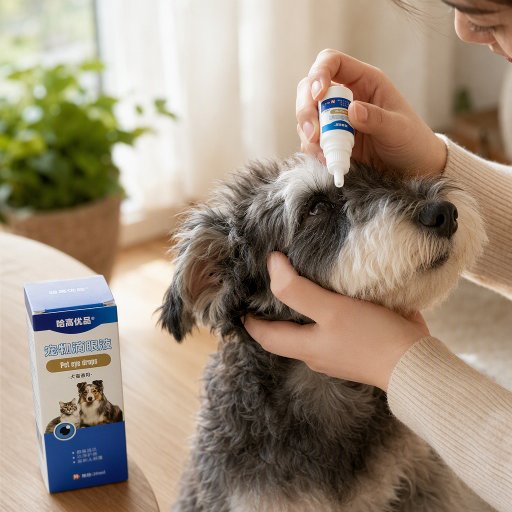 Pet-specific eye drops, white bottle, blue packaging box, pet eye care liquid, pet eye drops, pet care supplies details Picture