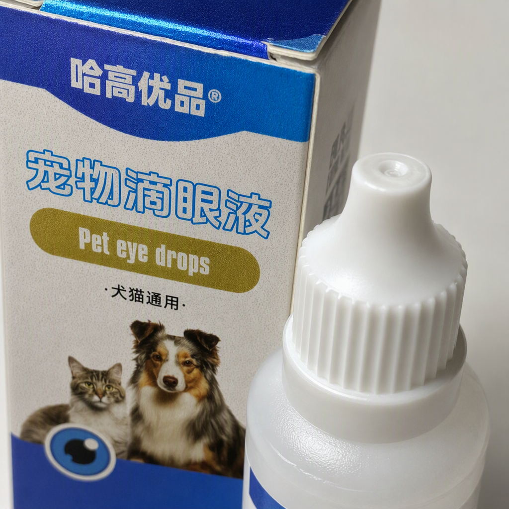 Pet-specific eye drops, white bottle, blue packaging box, pet eye care liquid, pet eye drops, pet care supplies Application Scenario