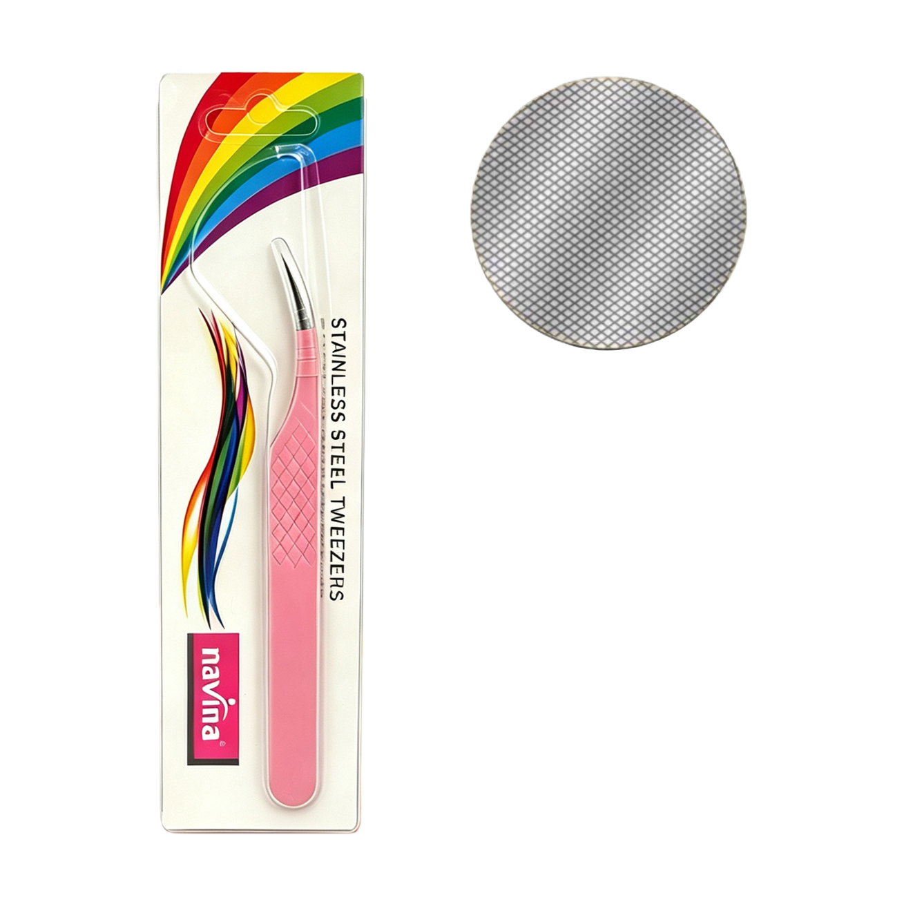The pink-handled stainless steel tweezers are used to meticulously hold the portable beauty and eyebrow shaping tools Item Picture