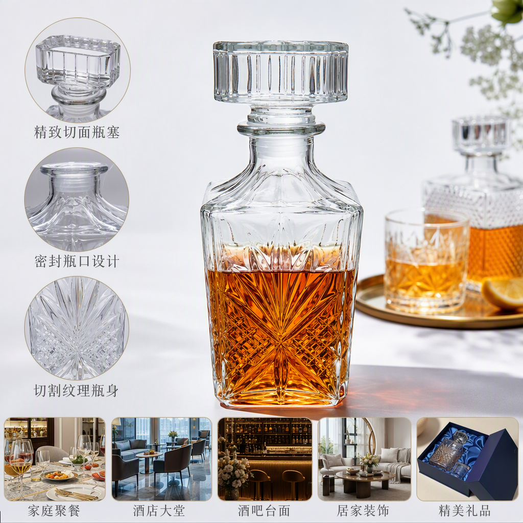 Elegant transparent glass wine bottles with various capacities are suitable for home bar decoration and collection of wine utensils