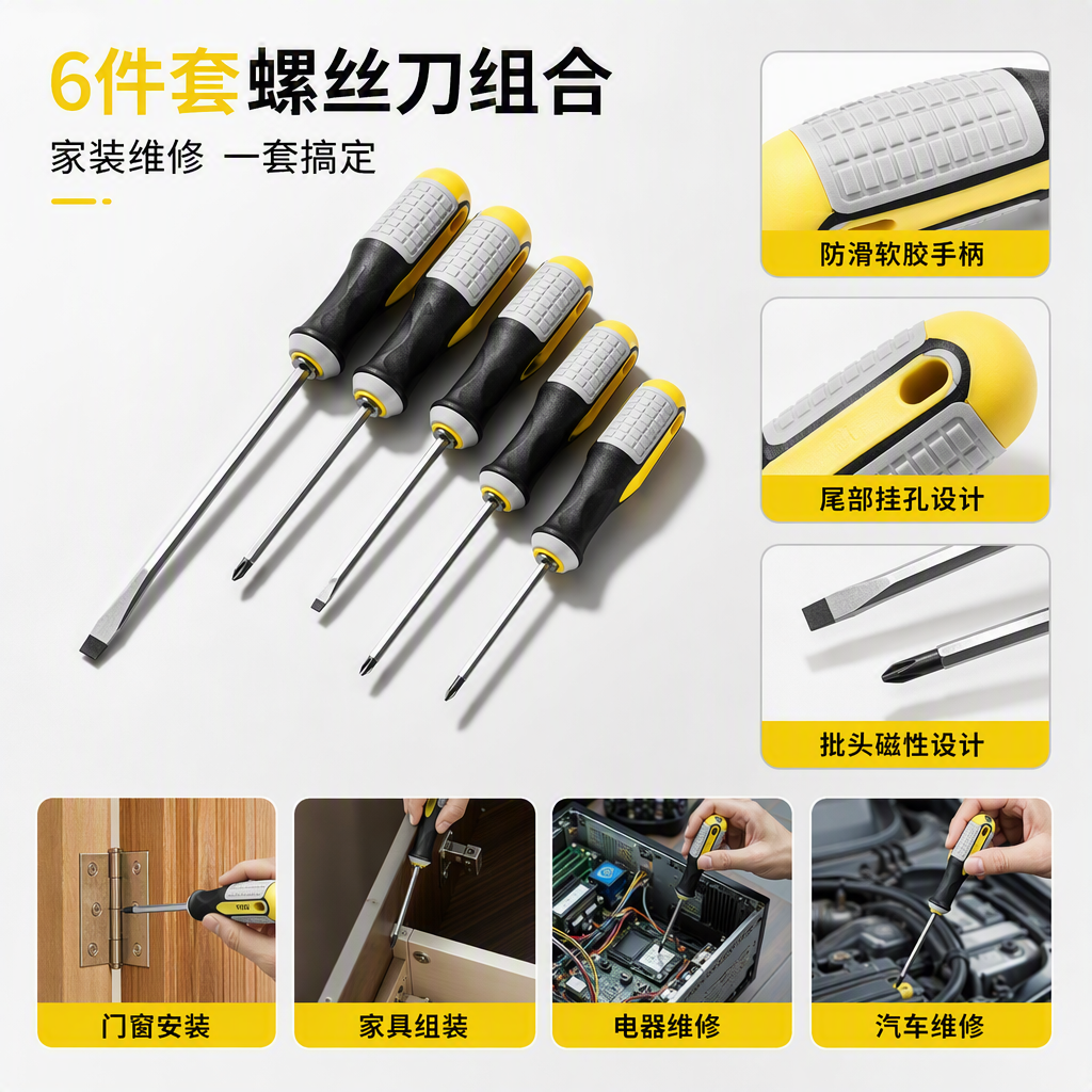 This multi-functional yellow and black manual screwdriver combination tool set is a durable and essential household repair tool for maintenance