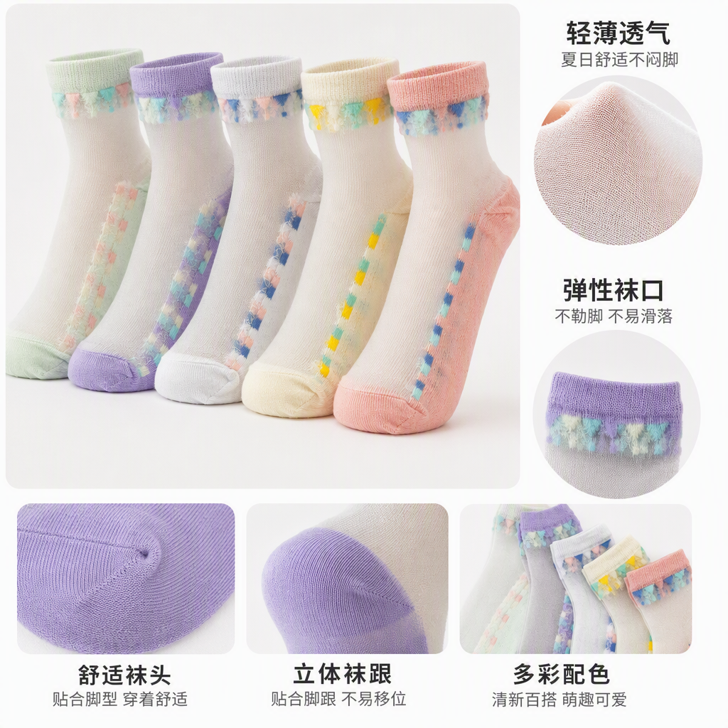 Cute cartoon colorful children's socks, soft and breathable. Spring and summer baby and children's socks in multiple colors to choose from