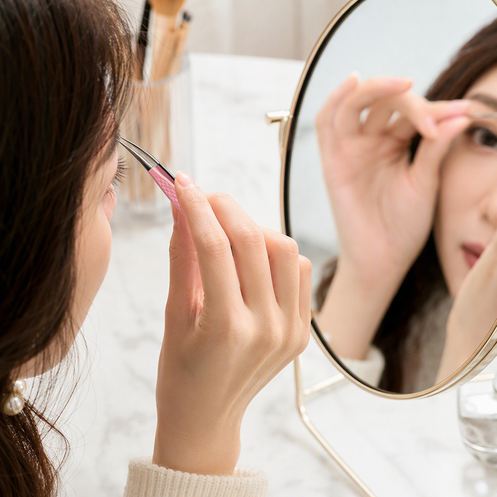 The pink-handled stainless steel tweezers are used to meticulously hold the portable beauty and eyebrow shaping tools details Picture
