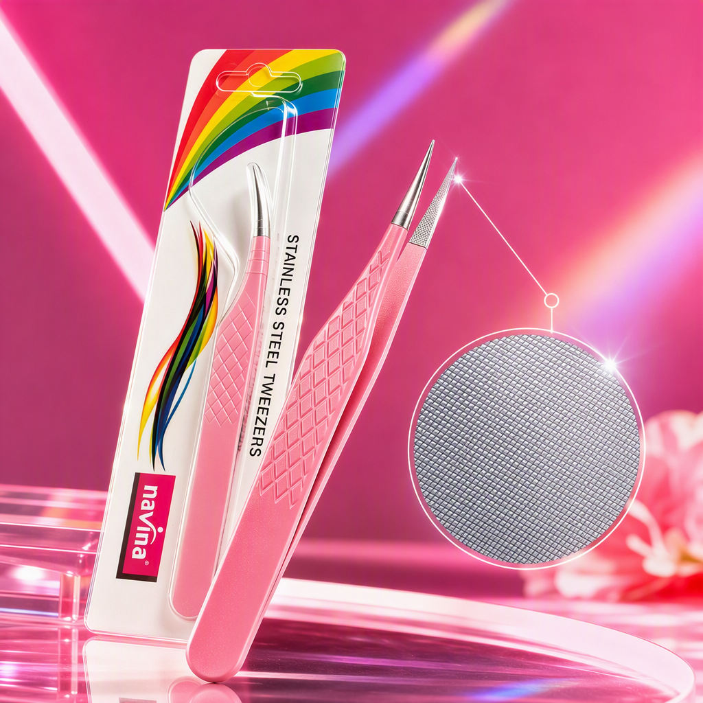The pink-handled stainless steel tweezers are used to meticulously hold the portable beauty and eyebrow shaping tools Specification image