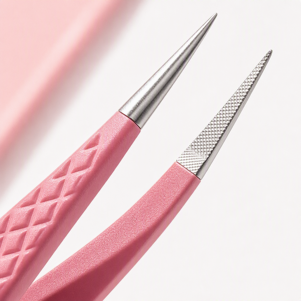 The pink-handled stainless steel tweezers are used to meticulously hold the portable beauty and eyebrow shaping tools Application Scenario