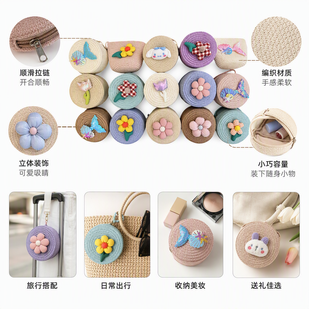 彩色编织小包多彩花朵蝴蝶美人鱼尾可爱装饰手拿包零钱包学生包潮流百搭