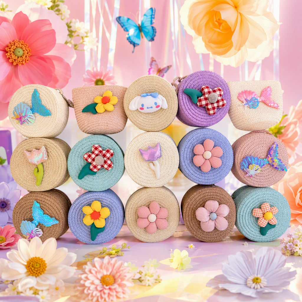 Colorful woven small bags, colorful flowers, butterflies, beauty fish tails, cute decorations, hand-held bags, coin purges, student bags, trendy and versatile Specification image