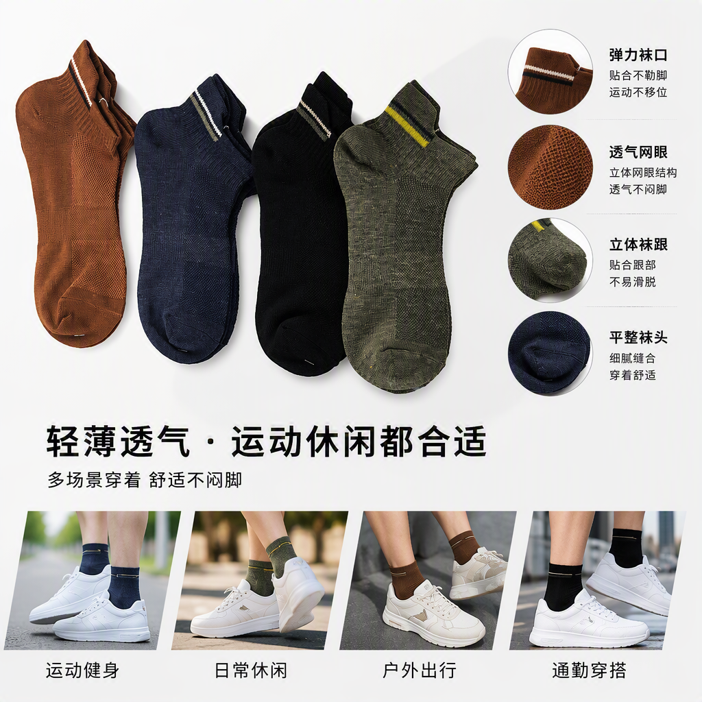 Four pairs of fashionable and colorful short socks in multiple colors, versatile casual sports socks, trendy and versatile for both men and women