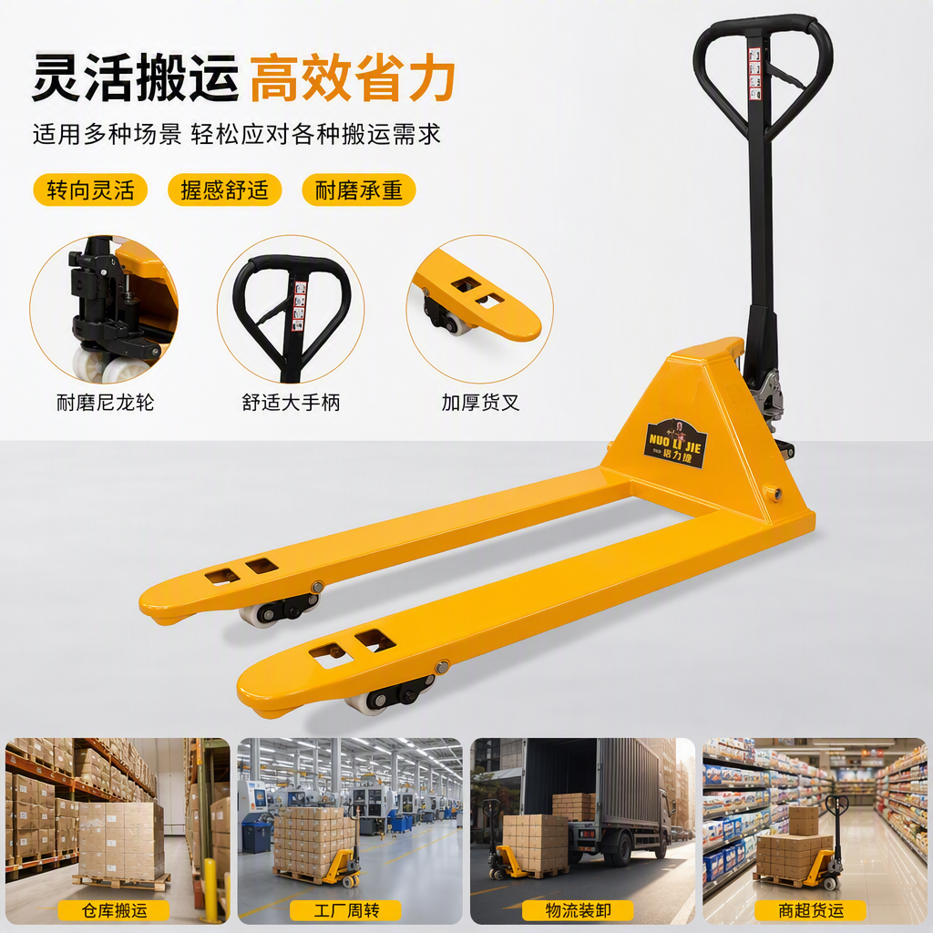 The multi-functional manual hydraulic forklift is a yellow, lightweight and durable storage and logistics handling tool