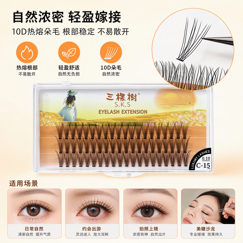 Three Trees S K S Eyelash Box 10D Natural, Thick and Long-lasting beauty tool for curling false eyelashes