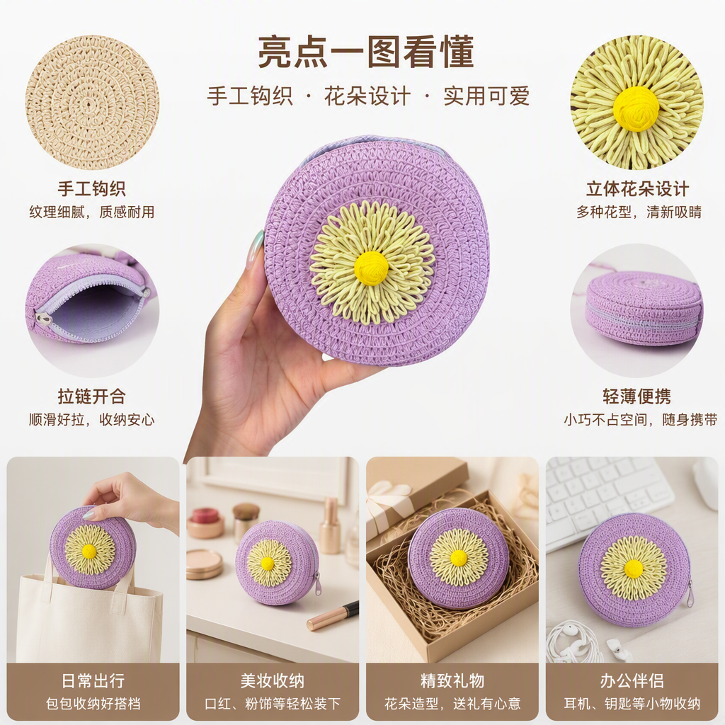 多彩钩针花朵手提包手工编织包包女韩版休闲包零钱包礼品赠品