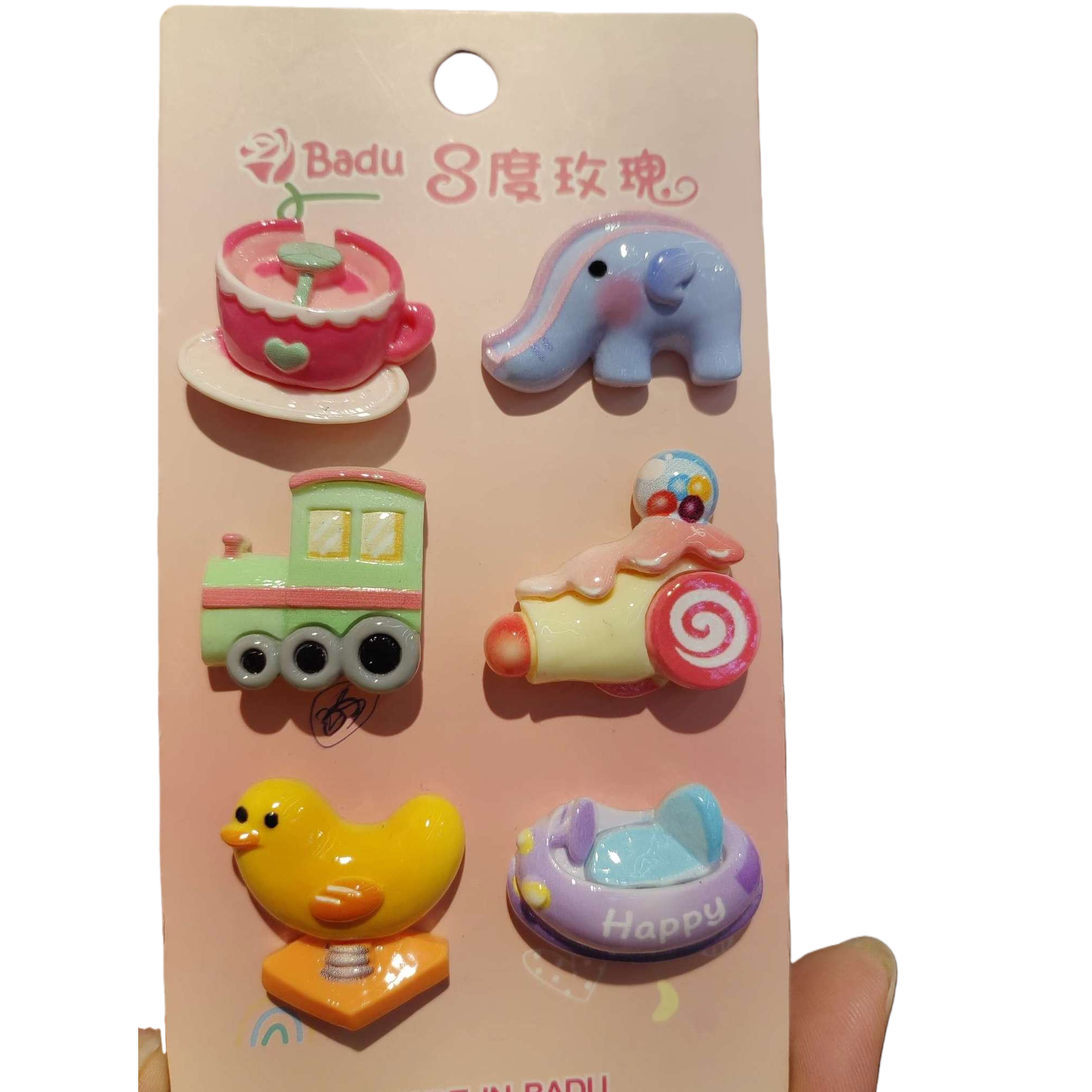 Pink cards, six colorful cartoon hairpins, tea cups, elephants, trains, rockets, ducklings, bumper cars, children's cute hair accessories, headwear, gifts with free shipping Item Picture