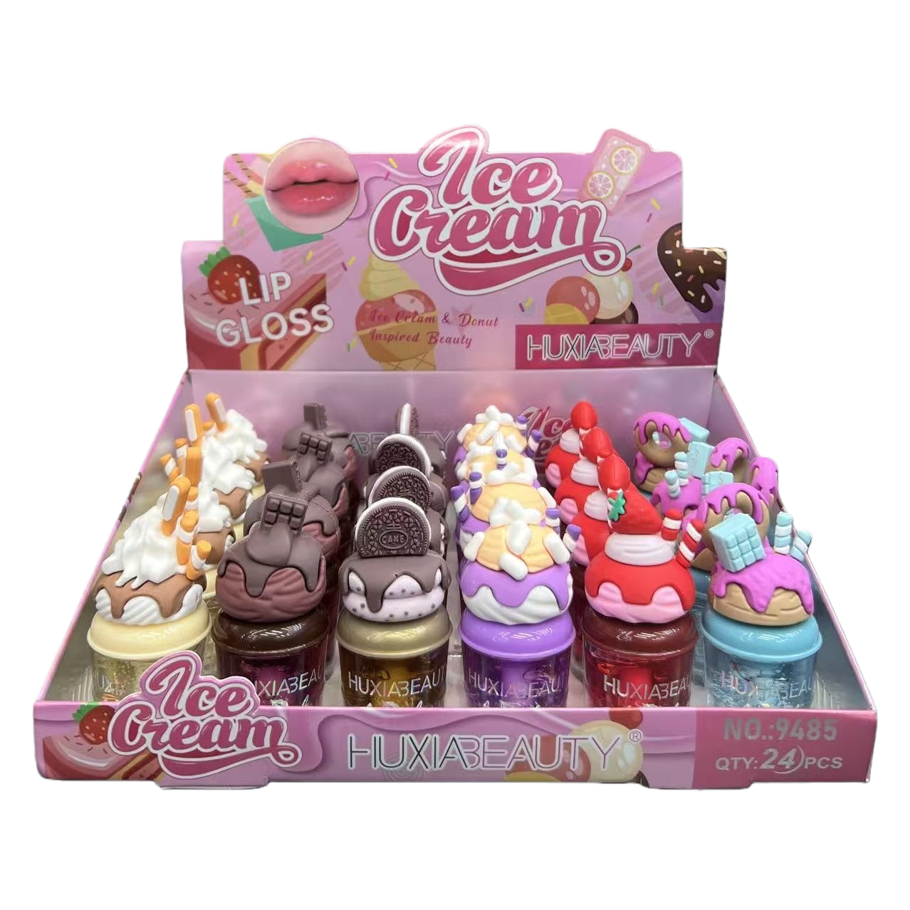 HUXIABEAUTY pink ice cream tema lip gloss caja de presentación 24pcs más de dulce estilo lip gloss caja de regalo girly heart cosméticos Item Picture