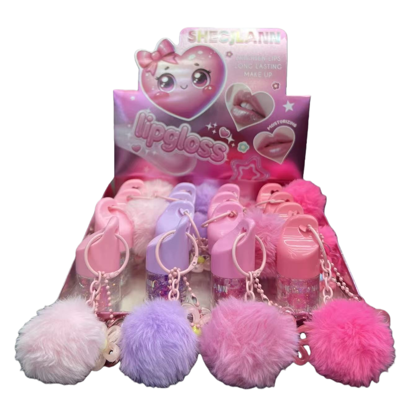 The pink lip gloss pendant with a plush ball chain decoration is a cute and girlish accessory that is a must-have for the trend Item Picture