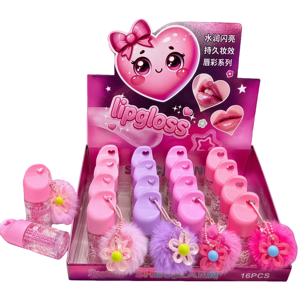 Corazón rosa dibujos animados embalaje brillo brillo labial serie 16 piezas con flores de peluche colgante brillo labial tubo corazón de chica maquillaje caja de regalo Item Picture