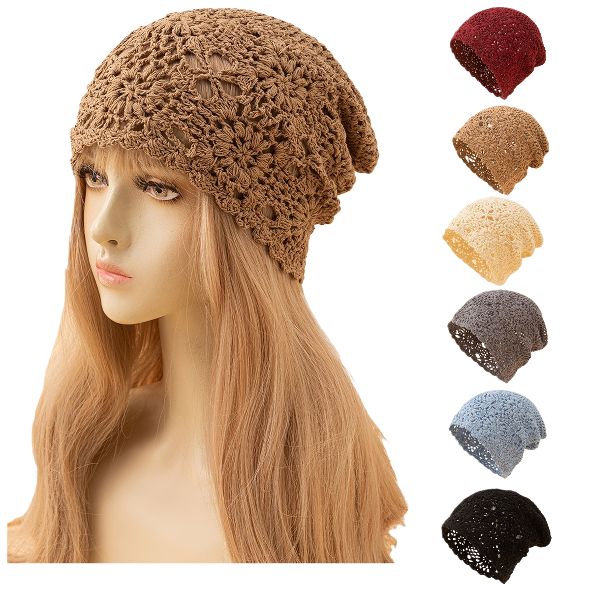 A fashionable brown crochet hat model wears a casual and versatile winter warm and trendy hat on the head Item Picture