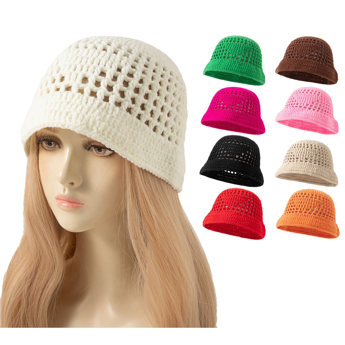 Fashionable white crochet hat for women, versatile and casual woven hat, a trendy outdoor sun protection hat for spring and summer Item Picture