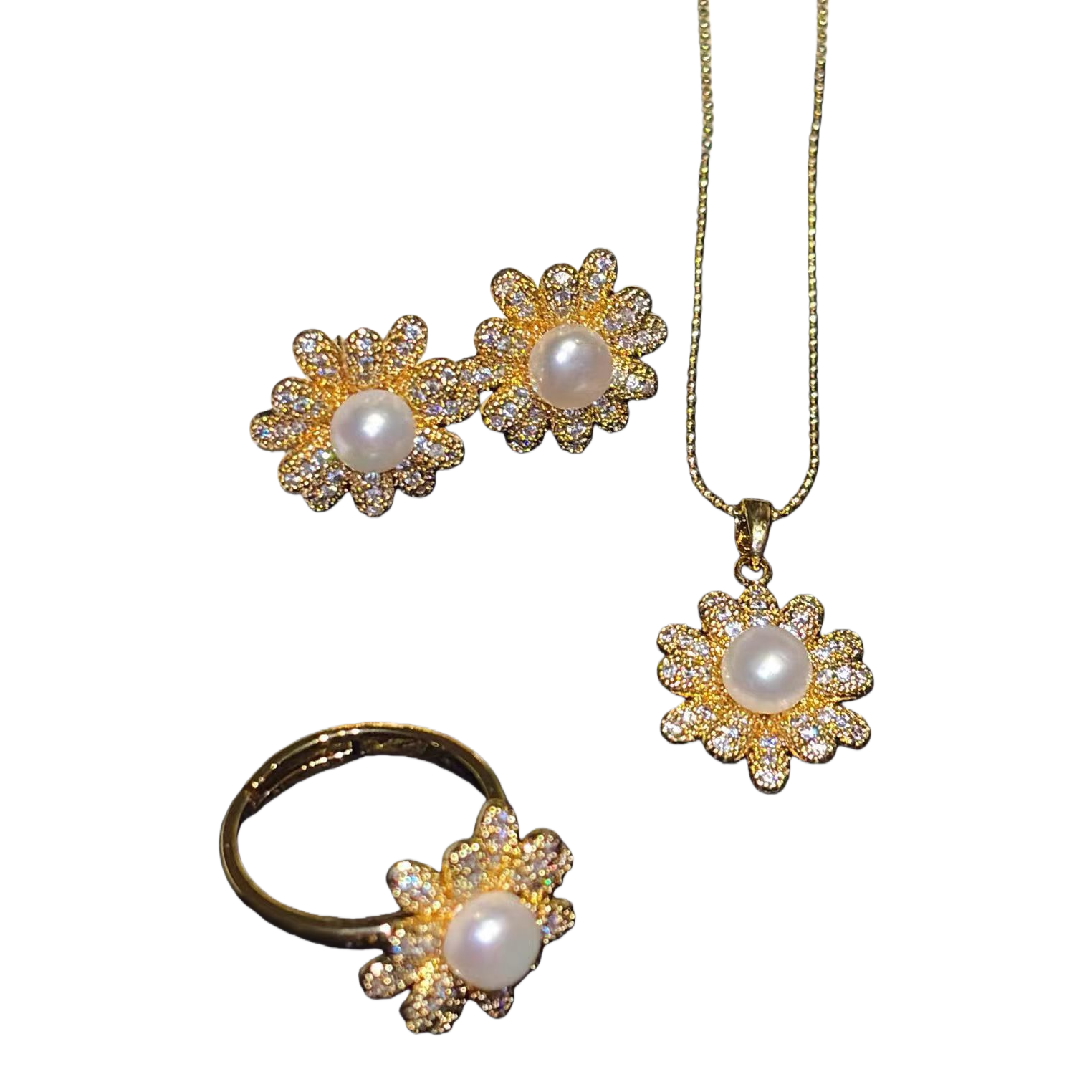 Golden flower pearl jewelry set, stud necklace, ring, elegant and refined women's accessories, gift packaging Item Picture