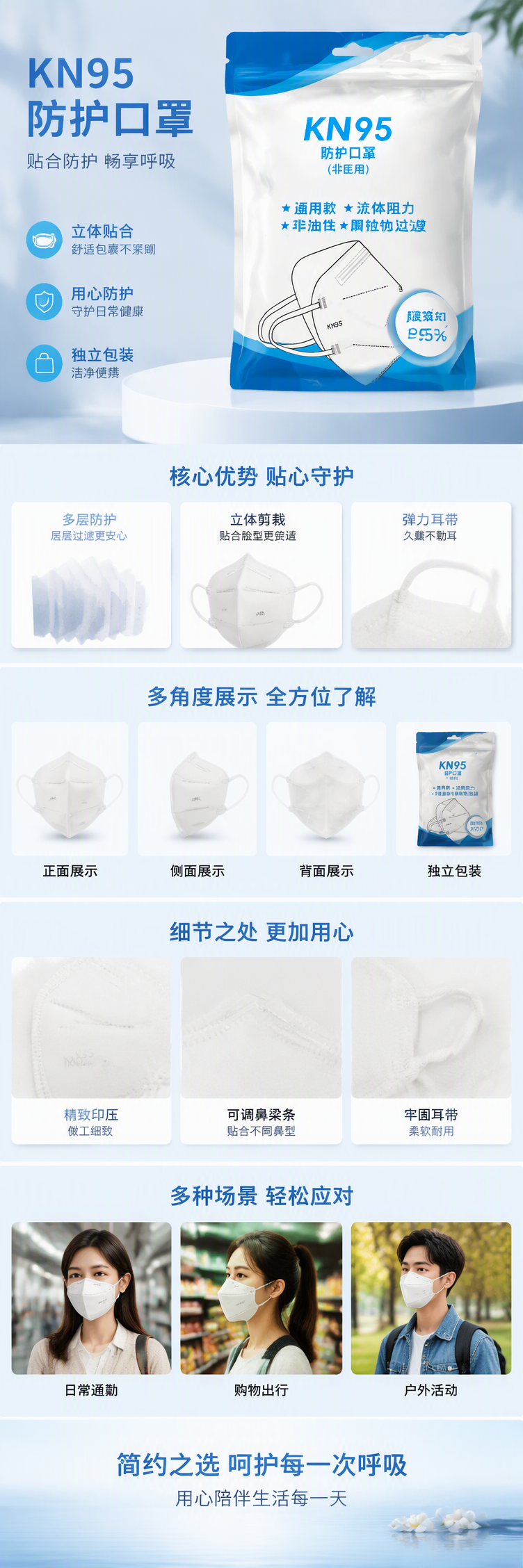 蓝白包装袋 KN95口罩防尘防菌透气舒适成人儿童适用医用级防护袋装详情1