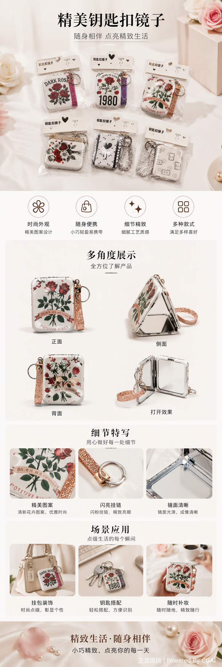 白色背景玫瑰主题钥匙链镜子闪粉底色镶钻亮片挂绳时尚便携饰品详情1
