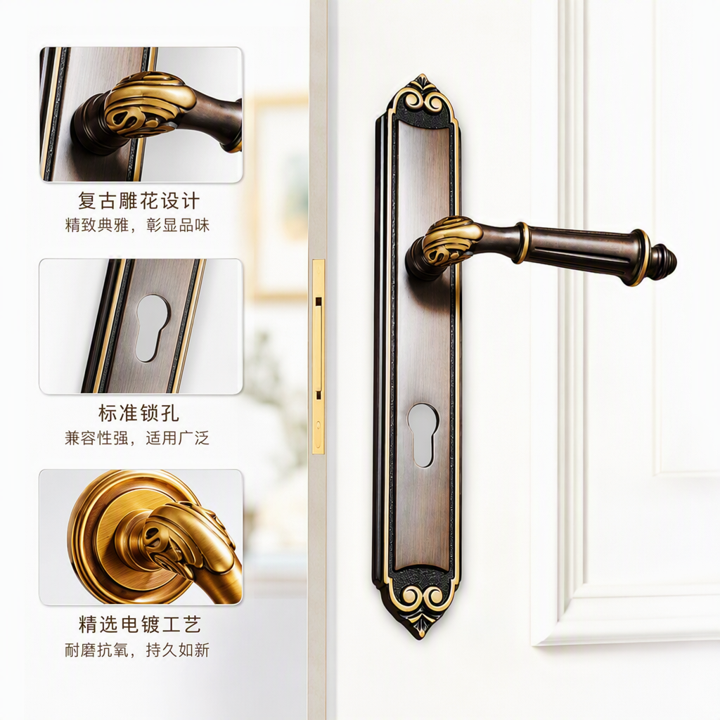 Bronce dorado tallado tirador de puerta cerradura conjunto de cuerpo antioxidación duradero lujo decoración hardware accesorios