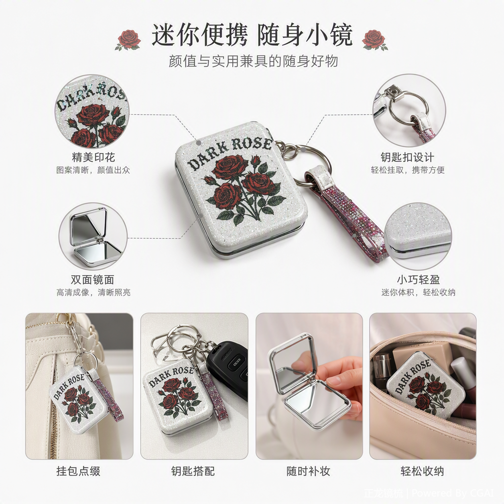 白色背景玫瑰主题钥匙链镜子闪粉底色镶钻亮片挂绳时尚便携饰品详情2