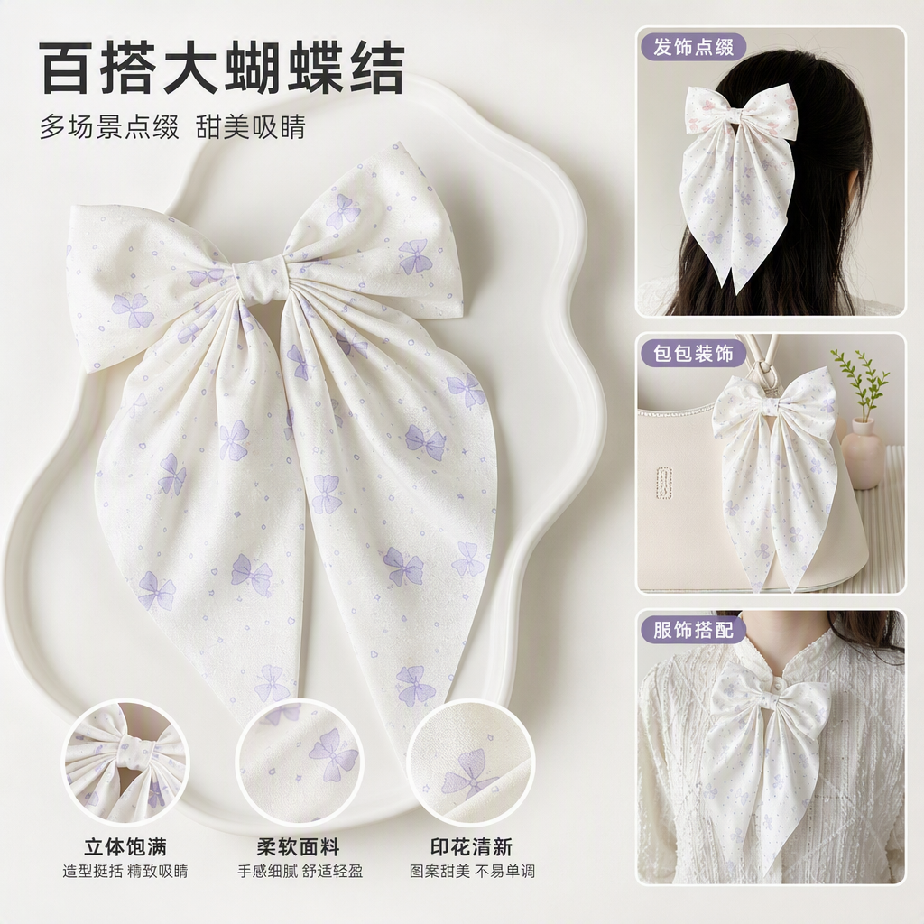 Butterfly-printed children's long float spring clip, girls' fresh and small summer versatile large hair clip, fabric hair clip headwear Item Picture