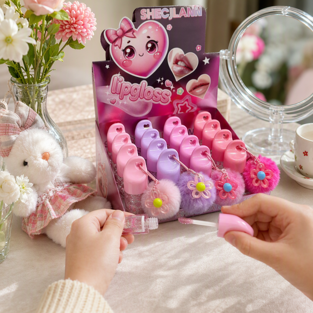 Color rosa corazón brillo labial caja de presentación múltiples piezas con flores de peluche adornos colgantes dibujos animados amor marca logotipo belleza caja de regalo de almacenamiento details Picture