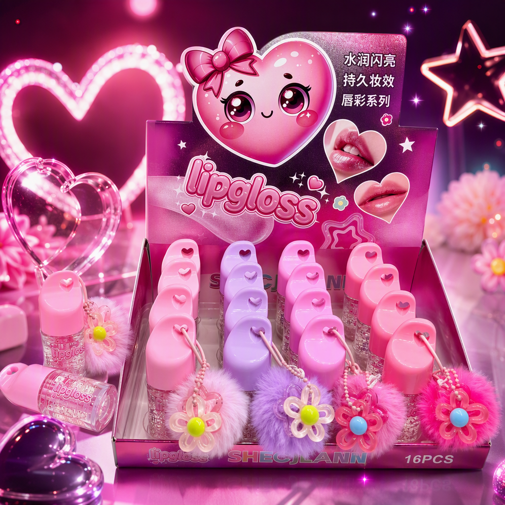 Color rosa corazón brillo labial caja de presentación múltiples piezas con flores de peluche adornos colgantes dibujos animados amor marca logotipo belleza caja de regalo de almacenamiento Specification image