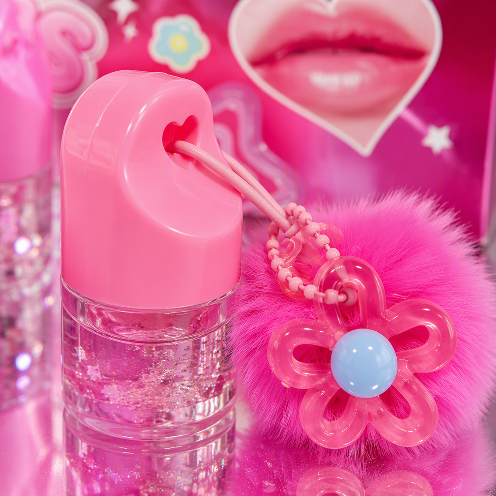 Color rosa corazón brillo labial caja de presentación múltiples piezas con flores de peluche adornos colgantes dibujos animados amor marca logotipo belleza caja de regalo de almacenamiento Application Scenario
