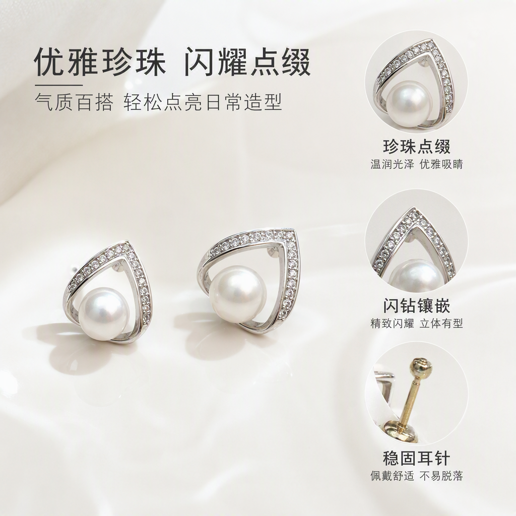 Silver pearl stud earrings, diamond-encrusted teardrop-shaped metal frame, white display card background, fashionable and elegant earrings