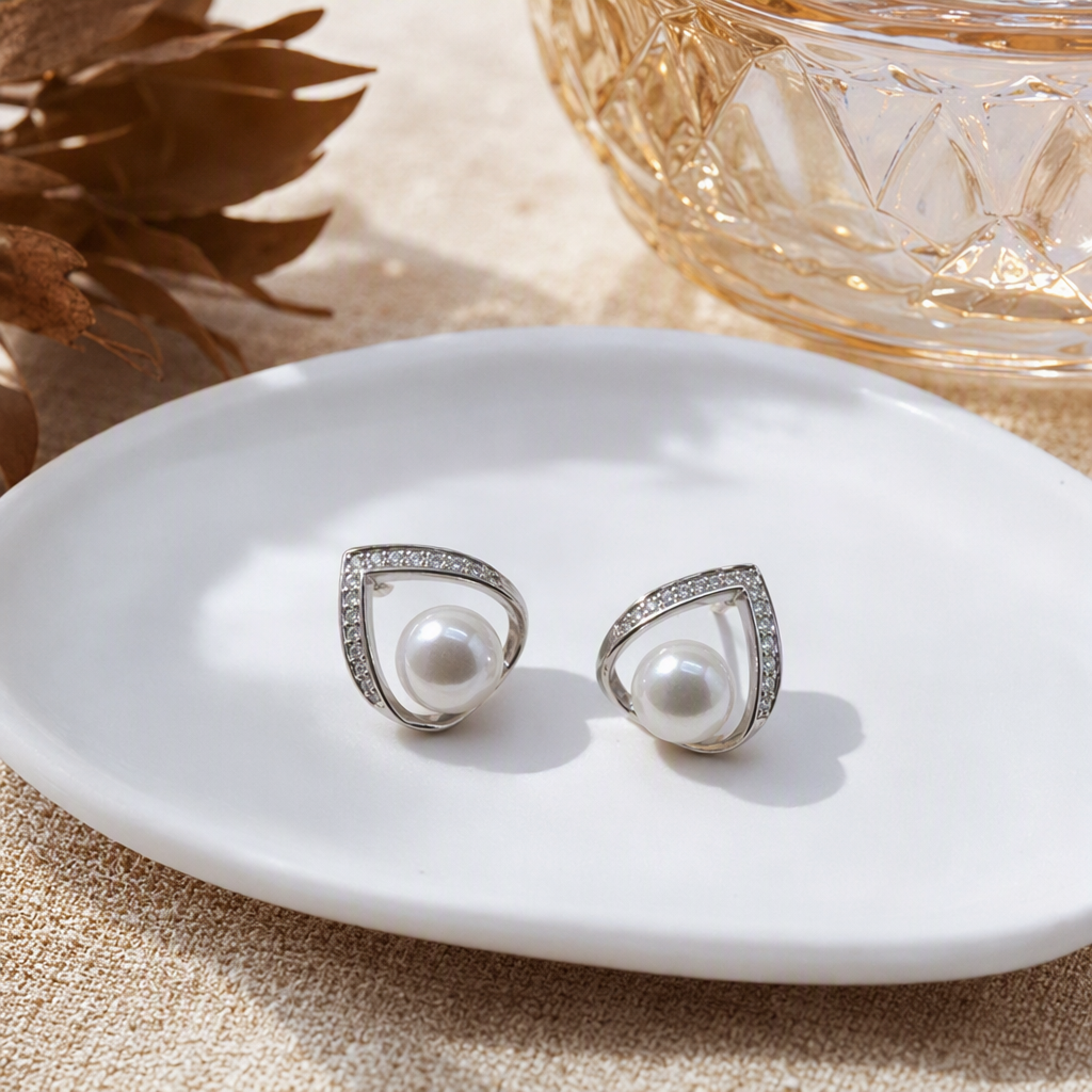 Silver pearl stud earrings, diamond-encrusted teardrop-shaped metal frame, white display card background, fashionable and elegant earrings details Picture
