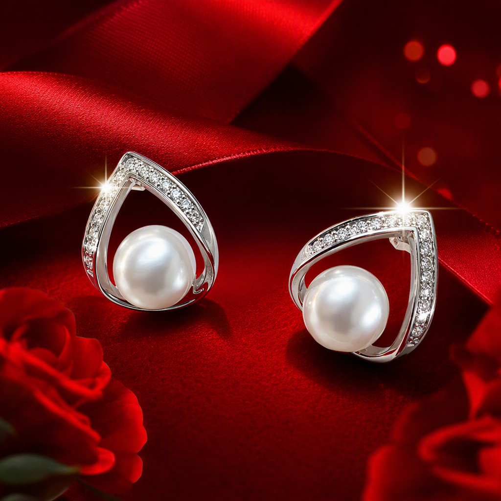 Silver pearl stud earrings, diamond-encrusted teardrop-shaped metal frame, white display card background, fashionable and elegant earrings Specification image