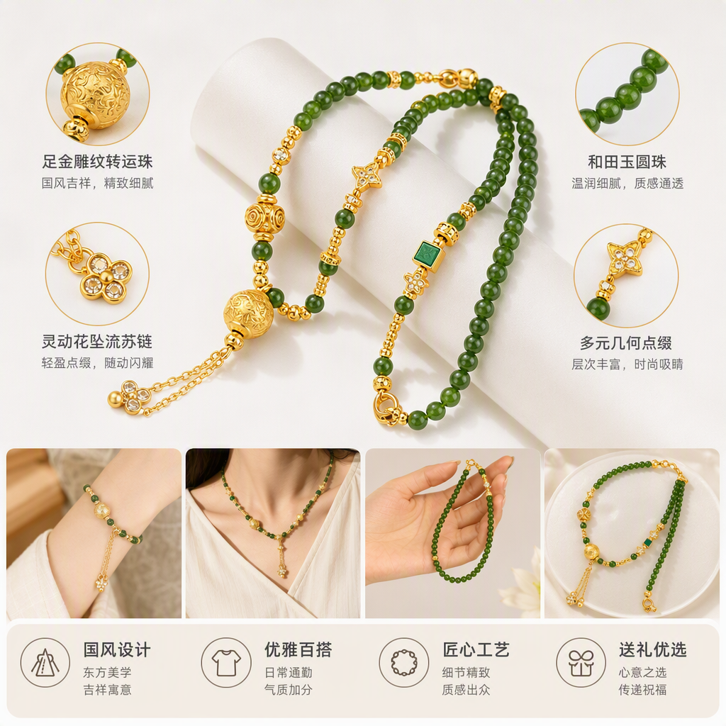 双层绿玉珠金饰项链配星形镶钻沙金龙珠吊坠流苏铃铛百搭沙金项链