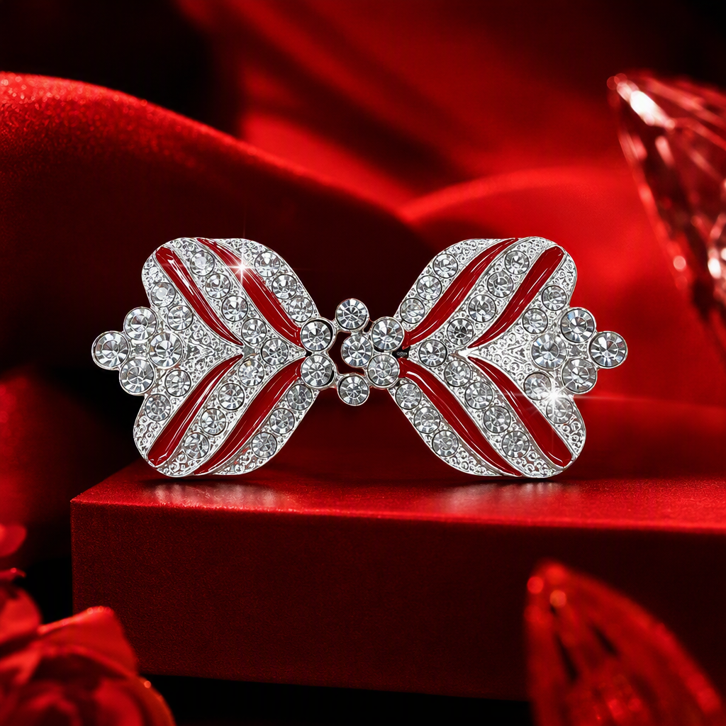 Shining silver diamond-encrusted bow brooch, fashionable and elegant women's accessory, fine jewelry, zinc alloy button-set diamond-encrusted oil and water diamond, women's suit dress, decorative button-set clothes, scarf Specification image