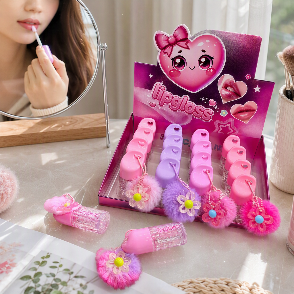 Corazón rosa dibujos animados embalaje brillo brillo labial serie 16 piezas con flores de peluche colgante brillo labial tubo corazón de chica maquillaje caja de regalo details Picture