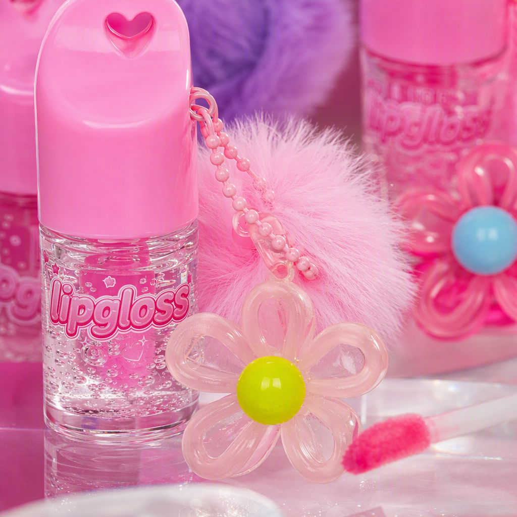 Corazón rosa dibujos animados embalaje brillo brillo labial serie 16 piezas con flores de peluche colgante brillo labial tubo corazón de chica maquillaje caja de regalo Application Scenario