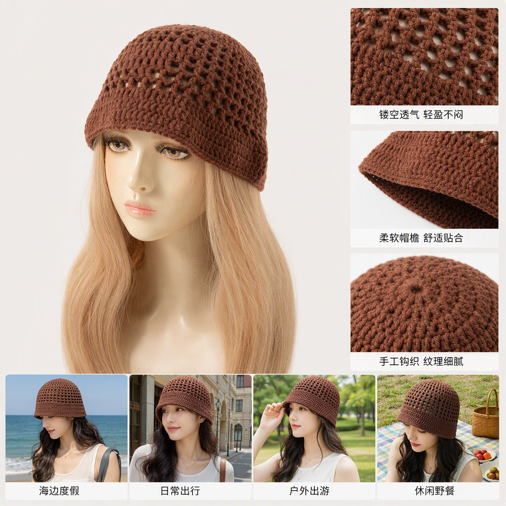 Fashionable white crochet hat for women, versatile and casual woven hat, a trendy outdoor sun protection hat for spring and summer
