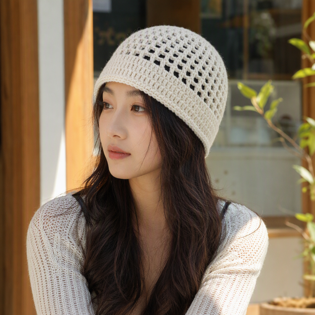Fashionable white crochet hat for women, versatile and casual woven hat, a trendy outdoor sun protection hat for spring and summer details Picture