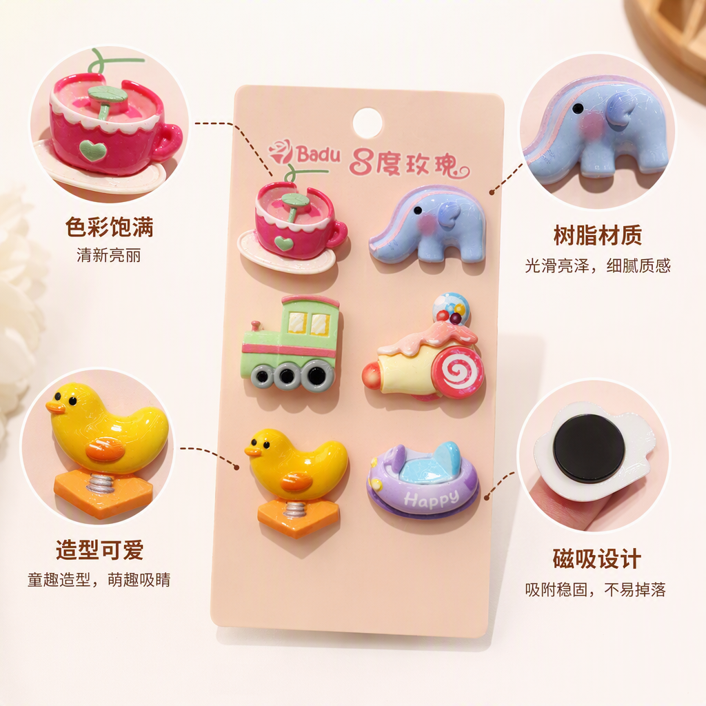 Pink cards, six colorful cartoon hairpins, tea cups, elephants, trains, rockets, ducklings, bumper cars, children's cute hair accessories, headwear, gifts with free shipping