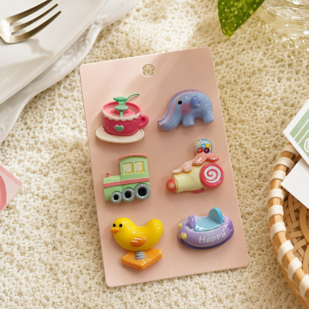 Pink cards, six colorful cartoon hairpins, tea cups, elephants, trains, rockets, ducklings, bumper cars, children's cute hair accessories, headwear, gifts with free shipping details Picture