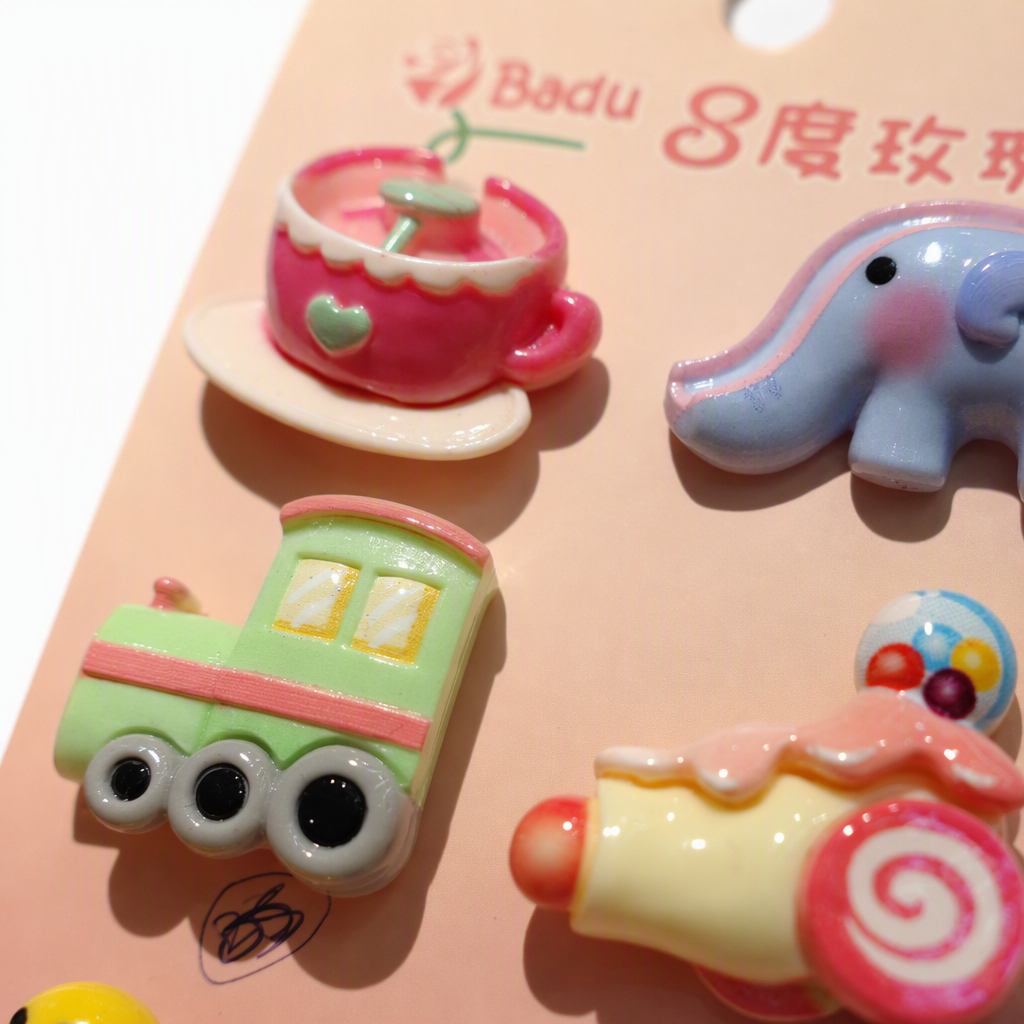 Pink cards, six colorful cartoon hairpins, tea cups, elephants, trains, rockets, ducklings, bumper cars, children's cute hair accessories, headwear, gifts with free shipping Application Scenario