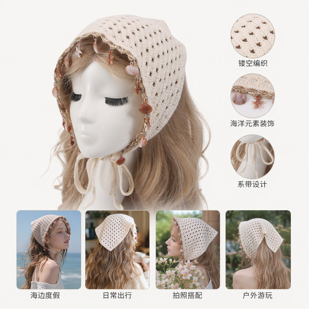 A creative handmade accessory display prop featuring a beige crocheted headscarf decorated with a shell and starfish pendant and a dummy head model