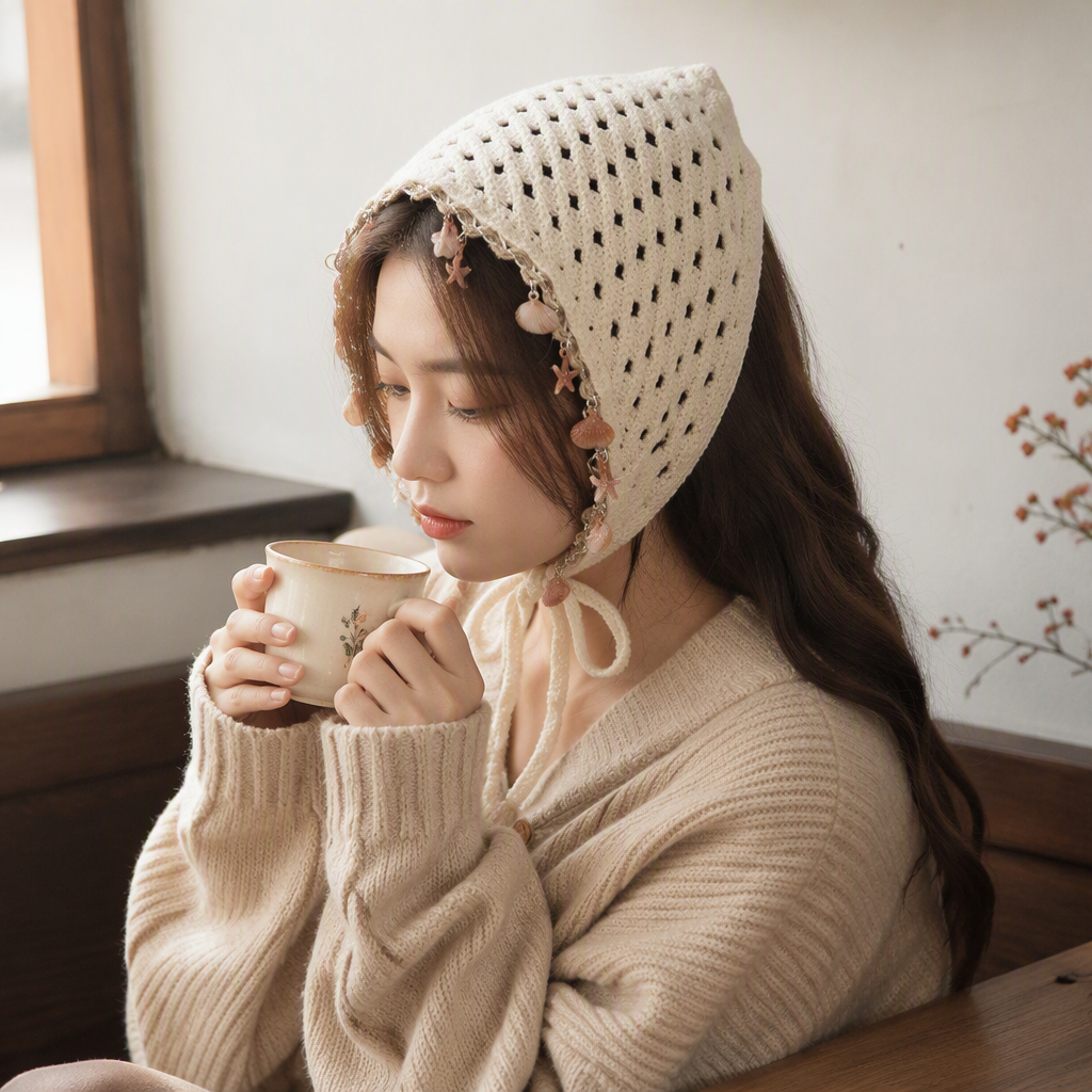 A creative handmade accessory display prop featuring a beige crocheted headscarf decorated with a shell and starfish pendant and a dummy head model details Picture
