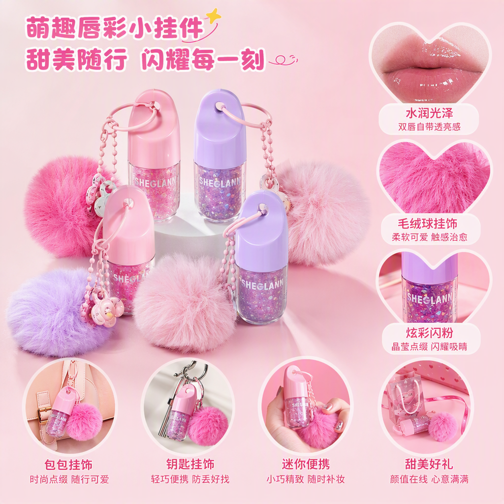 The pink lip gloss pendant with a plush ball chain decoration is a cute and girlish accessory that is a must-have for the trend