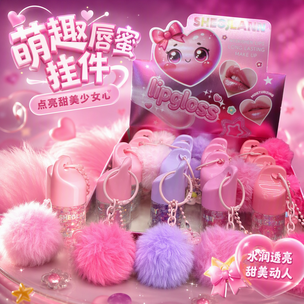 The pink lip gloss pendant with a plush ball chain decoration is a cute and girlish accessory that is a must-have for the trend Specification image