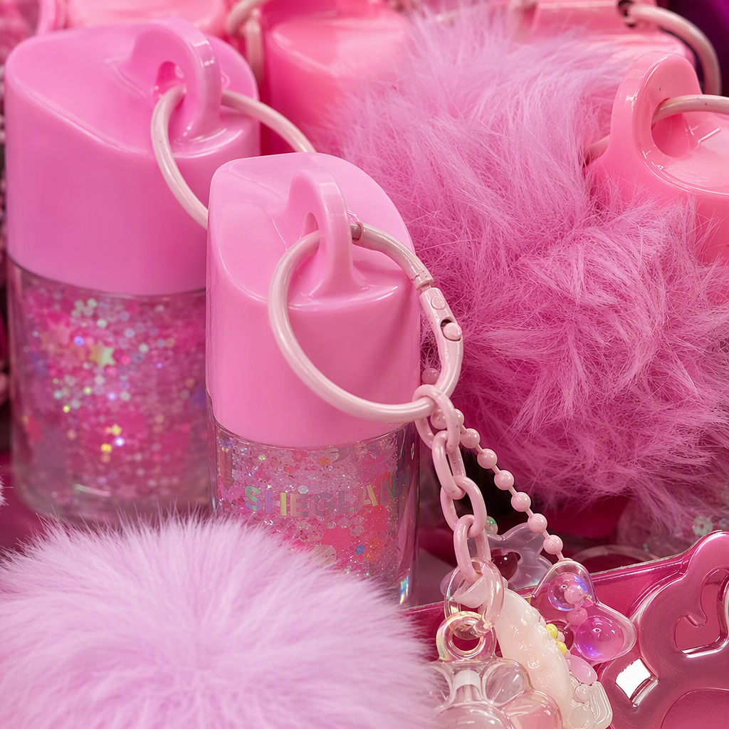 The pink lip gloss pendant with a plush ball chain decoration is a cute and girlish accessory that is a must-have for the trend Application Scenario