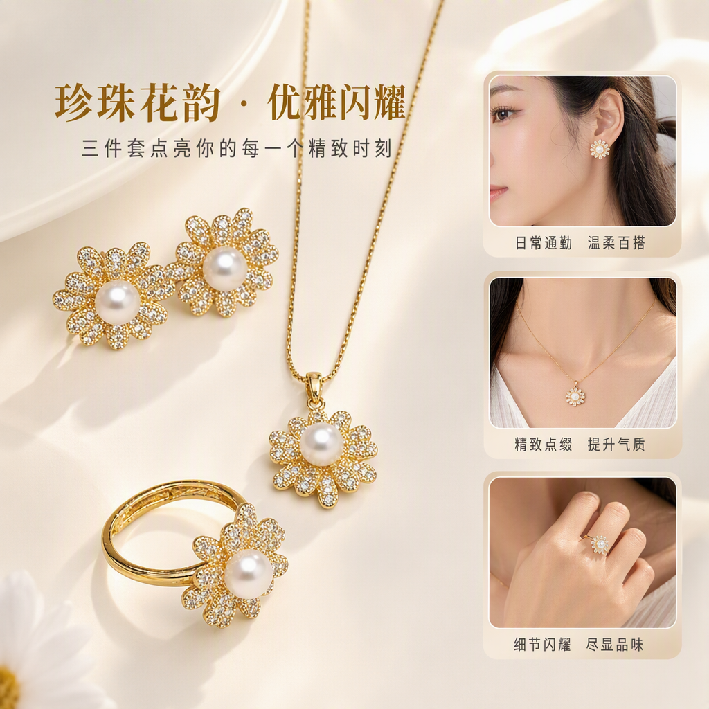 Golden flower pearl jewelry set, stud necklace, ring, elegant and refined women's accessories, gift packaging
