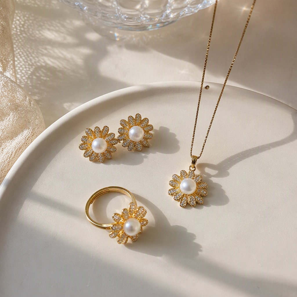 Golden flower pearl jewelry set, stud necklace, ring, elegant and refined women's accessories, gift packaging details Picture